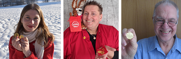 Fotos einer Frau und zwei Männern mit Goldmünzen in der Hand