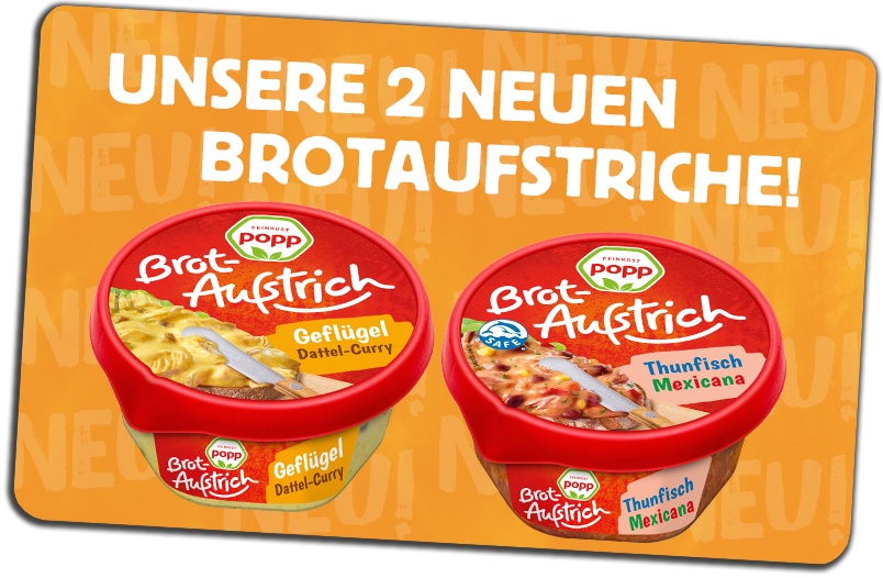 Zwei Popp Brotaufstrich Packungen vor gelbem Hintergrund